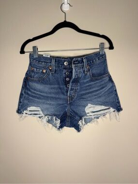 Levi's Frayed High-Rise Distressed Denim Shorts - Blue